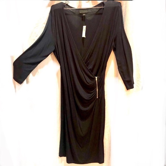 ATTENTION black 3/4 sleeves wrap dress with side zipper rouching size L NWT - Picture 8 of 10